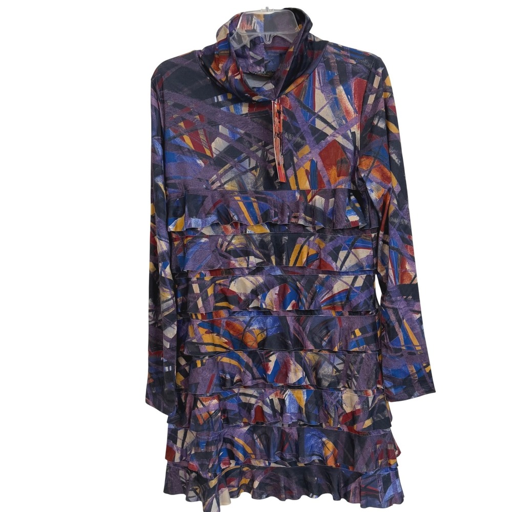 Isle Apparel Blue Dizzy Abstract Print Ruffle Tiered Cowl Neck Mini Dress NWT L